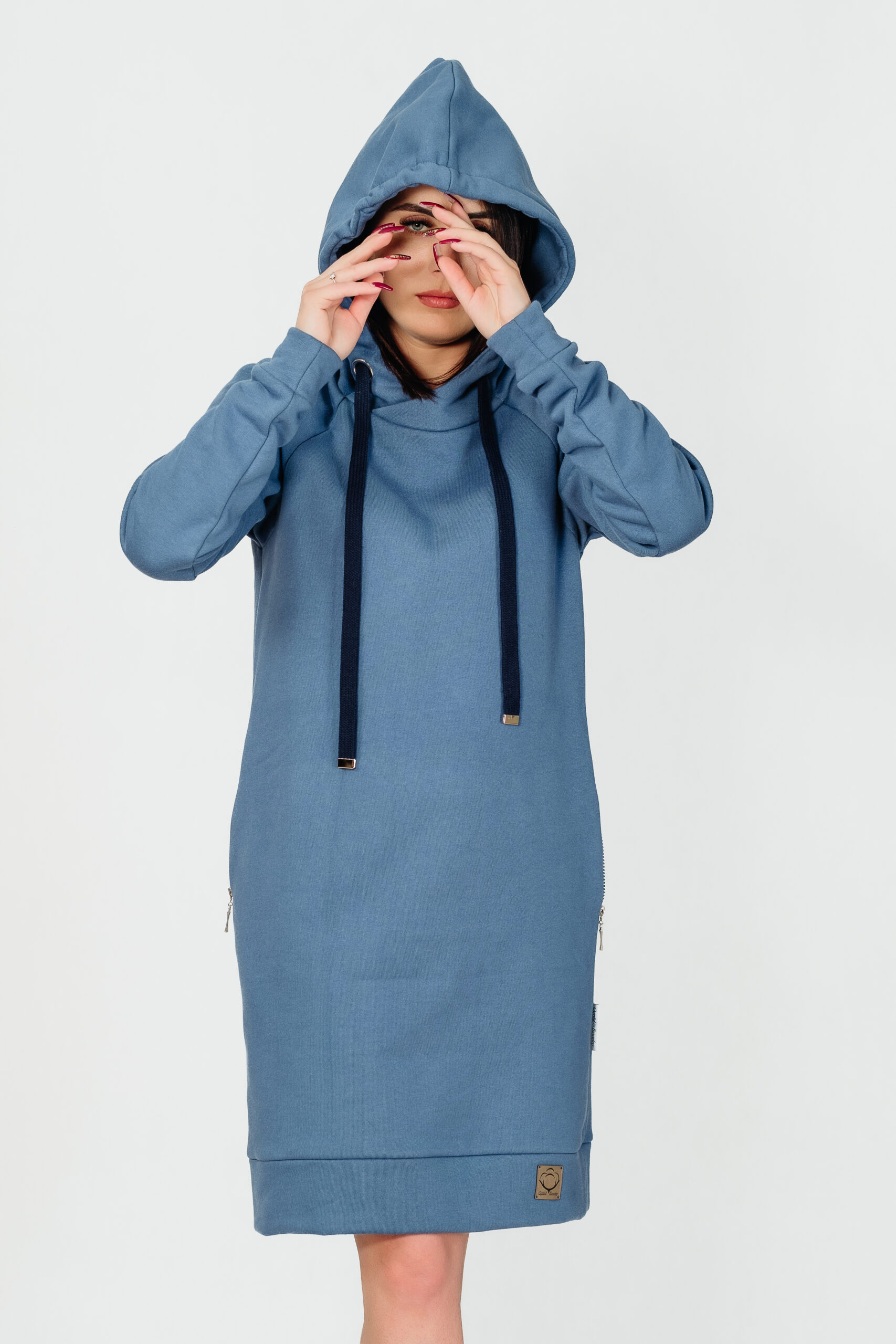 BAŁTYK - długa bluza z kapturem kolor Niebieski Jeans - obrazek 2